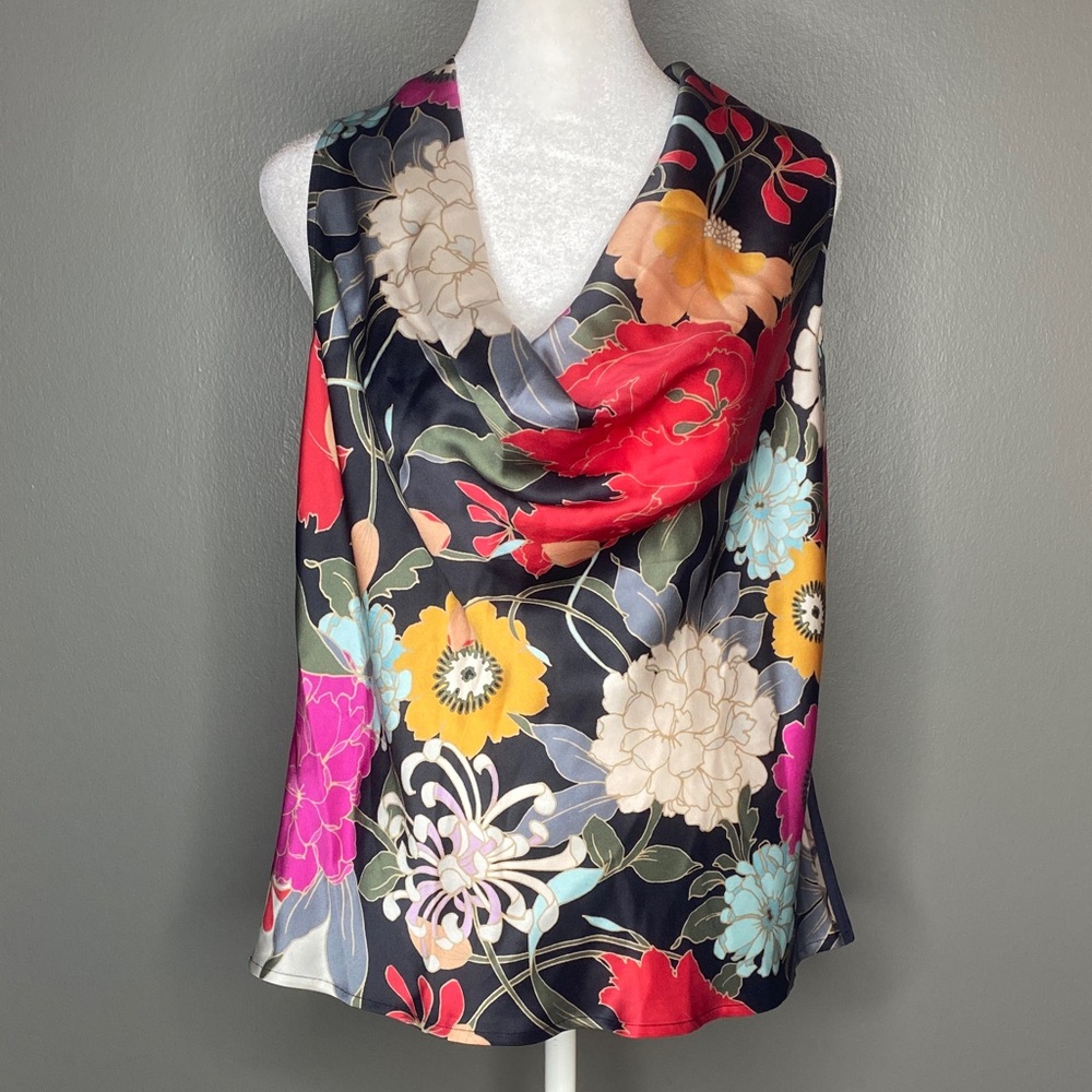 Trina Turk 100% Silk Cowl Neck Racerback Camisole Multicolor Floral Print - S